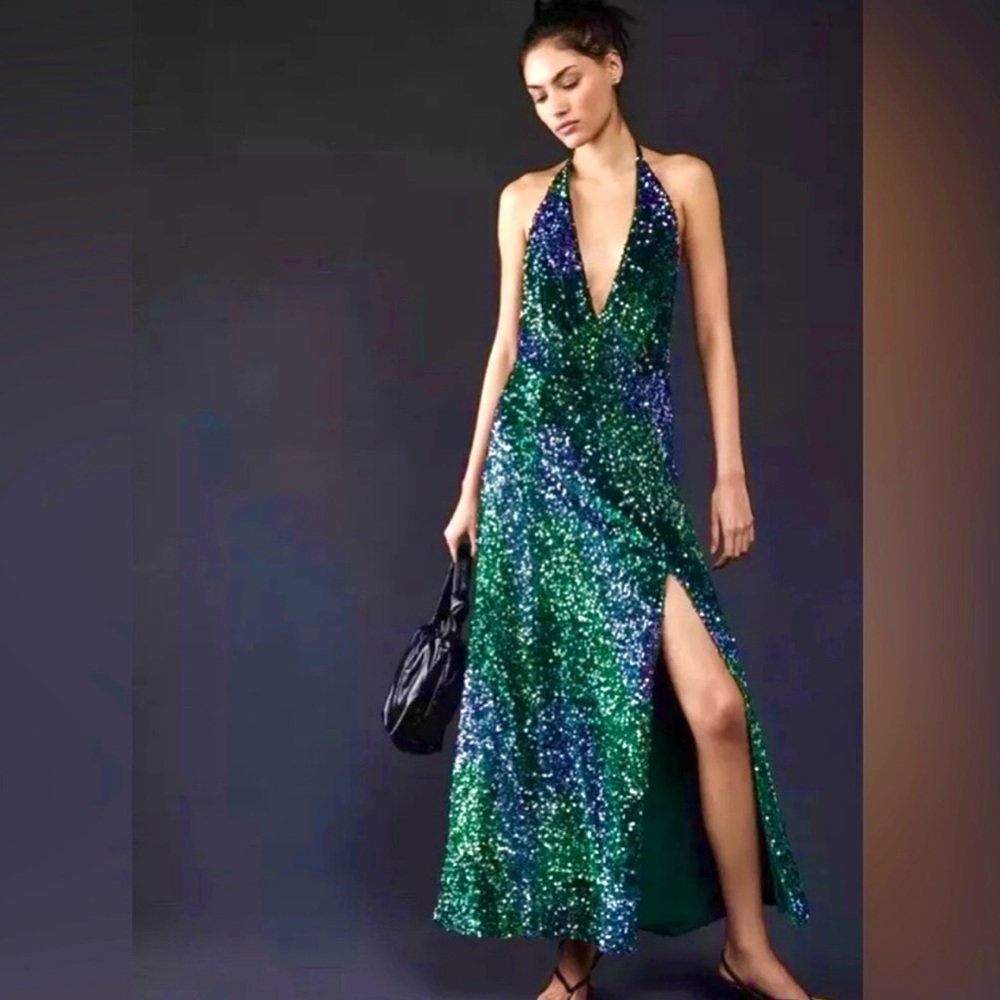 FREE PEOPLE Glitter & Gold Halter Sequin Midi Dress NEW Size S Green - Picture 6 of 15